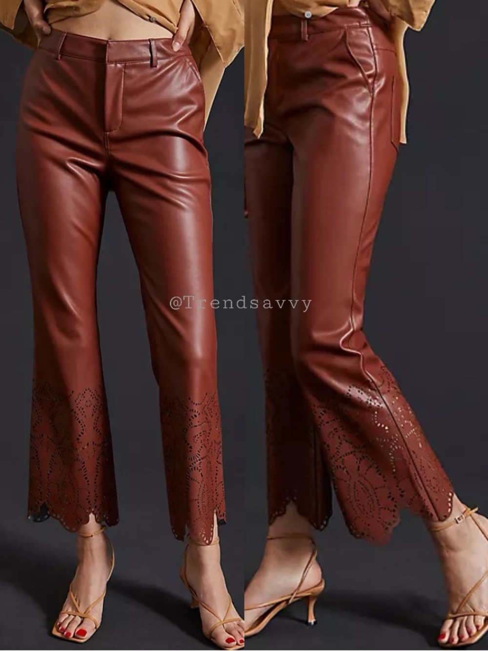 Anthropologie Taupe Faux Leather Laser Cut Pants Scalloped Hem Cropped High Rise